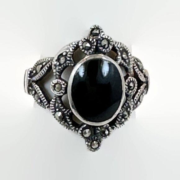 Vintage Black Onyx Ring: Sterling Silver Marcasite Art Deco Style - Picture 4 of 4